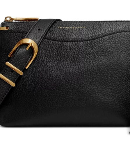 258 $. Donna Karan Umhängetasche Leder mit Reißverschluss Schwarz Gold