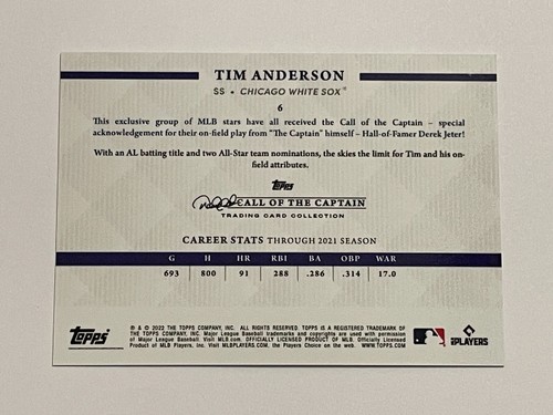 2022 Topps x Derek Jeter Baseball Call of the Captain - Tim Anderson - White Sox - Picture 2 of 2
