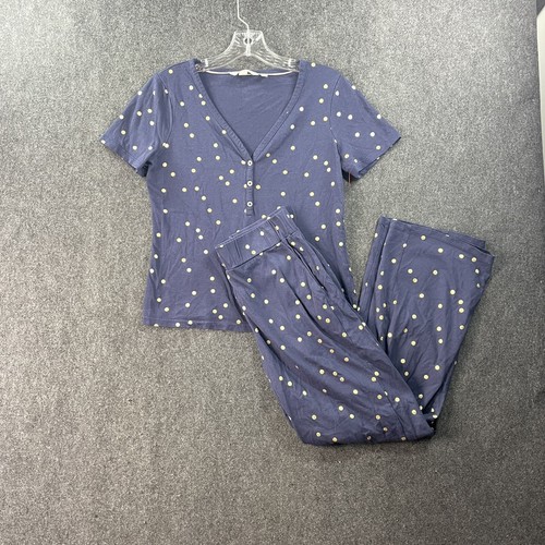Boden Emma Pajama Set Women's US 2 Blue Gold Polka Dot Shirt Pants