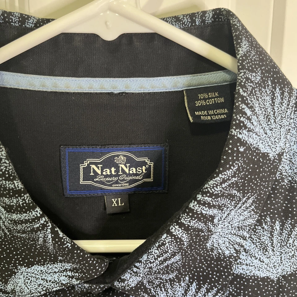 Men's Nat Nast Sz XL Palm Leaf Print Silk Blend Hawaiian Camp Shirt Black Blue - Image 2 of 3
