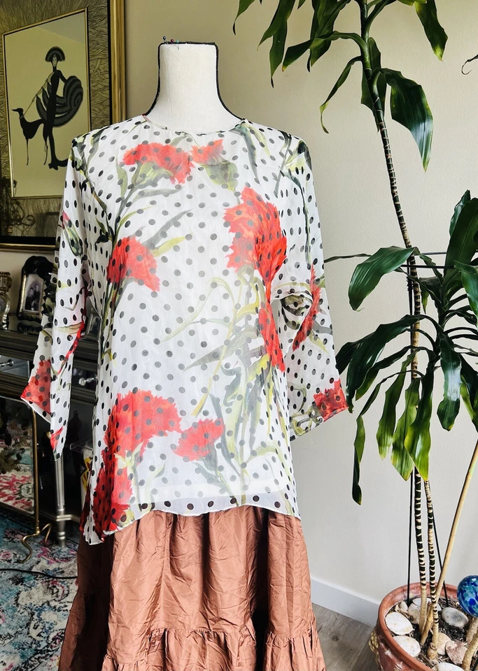 DOLCE & GABBANA Silk Chiffon Blouse POLKA DOT CARNATIONS Raglan Sleeve ,42 US 6 - Image 2 of 4