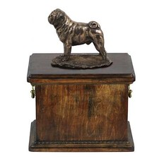 Solid Wood Casket Pug Memorial Urn for Dog's ashes,with Dog statue.