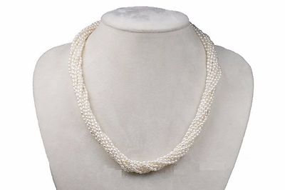 10 Strand Handmade White Rice Seed Pearl Necklace 16-18'' Gold & Silver Clasp