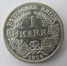1908 D Munich, 1 Mark - Wilhelm II type 2 - small shield, KM #14, 0.90 Silver