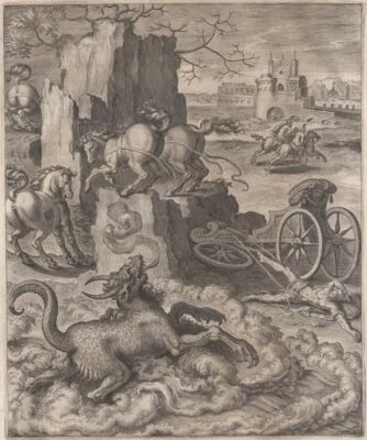 Mythologie Mort d'Hippolyte Chevaux Monstre Gravure originale Philostrate XVIIe - Photo 1/2
