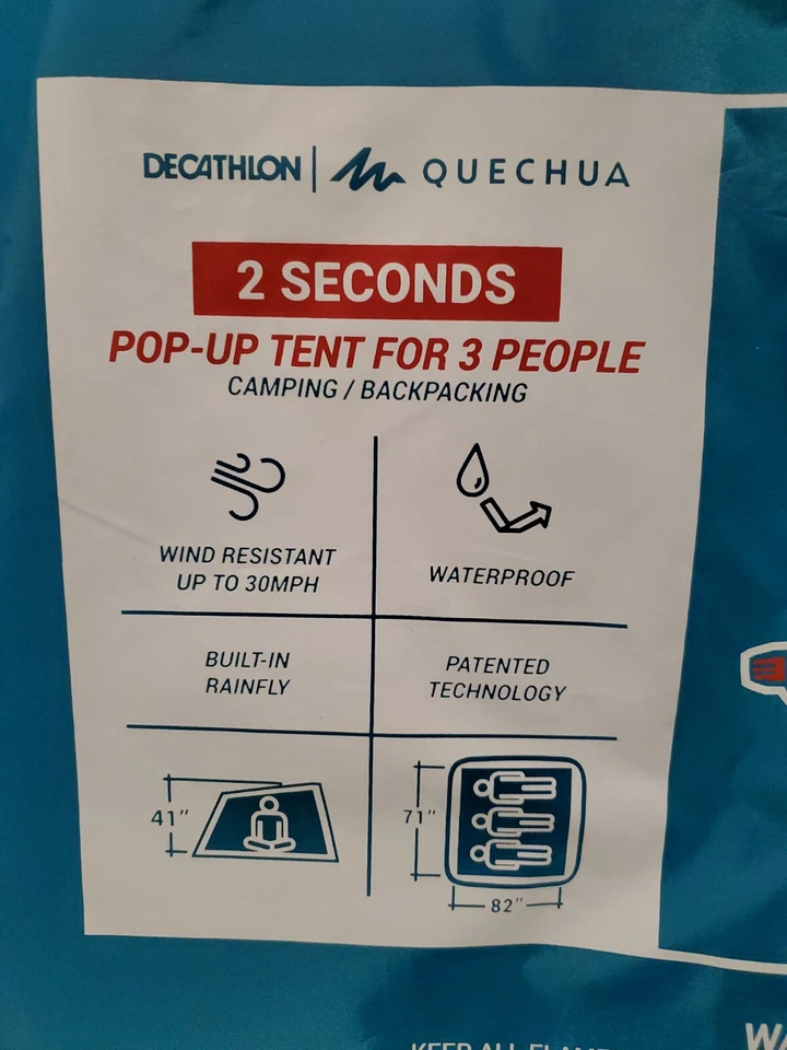 Decathlon Quechua 2 Second Pop Up Camping Tent For 3 People Water Resistant NEW! - Image 3 of 4