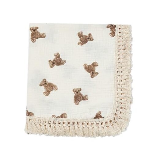 Boho Cotton Muslin Baby Blanket with Tassel and Little Bear Design  