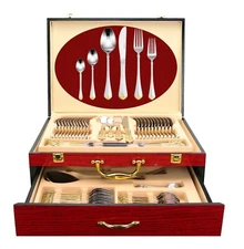 75 Piece Venezia Grand Silverware Set Wood & Chest - 18/10 Gold Plated Flatware