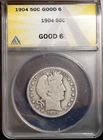 1904 50c Silver Barber Half-dollar G 6 New ANACS # 7472286 + Bonus