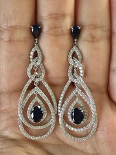 Elegant Clear CZ  Lab Created Blue Sapphire Style 925 Silver Dangle Earrings