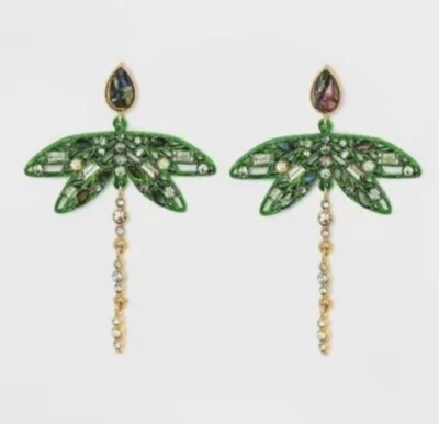 SUGARFIX by BaubleBar Crystal Dragonfly Palm Tree Drop/Dangle Earrings NWT Green