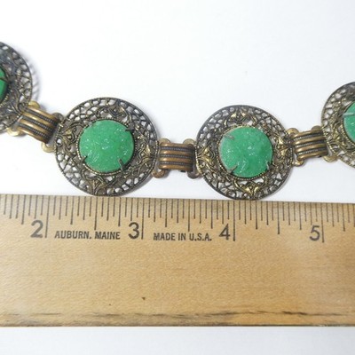 Metal Flower Link Belt w/ Carved Green Glass 26 display picture 1