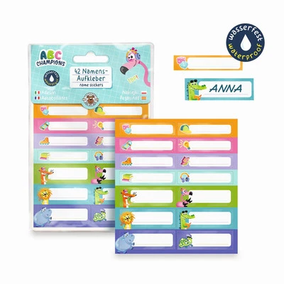 TRENDHAUS 42 Namensaufkleber Kinder Schule Kita Tiere Sticker mit Name Selbstklebend neu