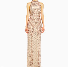 Adrianna Papell Beige Halter Sleeveless Long Beaded Sequin Gown Sz 0