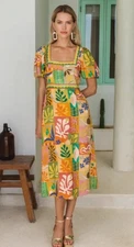 Nine Lives Bazaar Callie Midi Dress Gold Green Tropical Leafy Print Sz XS 2