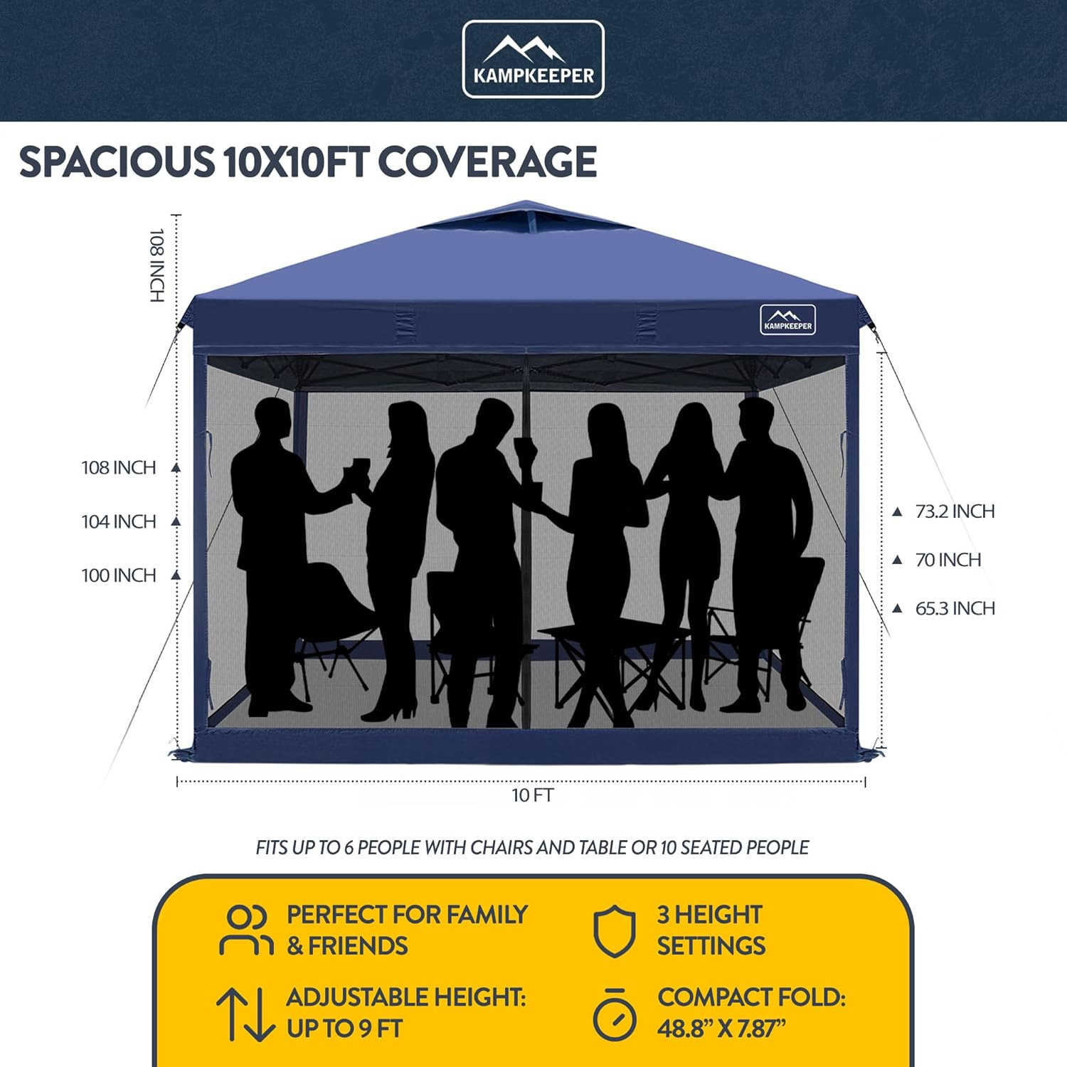 KAMPKEEPER 10X10 Pop up Canopy Tent with Mosquito Netting - Waterproof Screen Sh