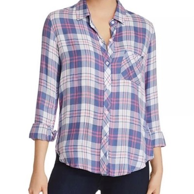 Rails Hunter Plaid Button Down Shirt Watermelon Coast White Rayon Womens Medium