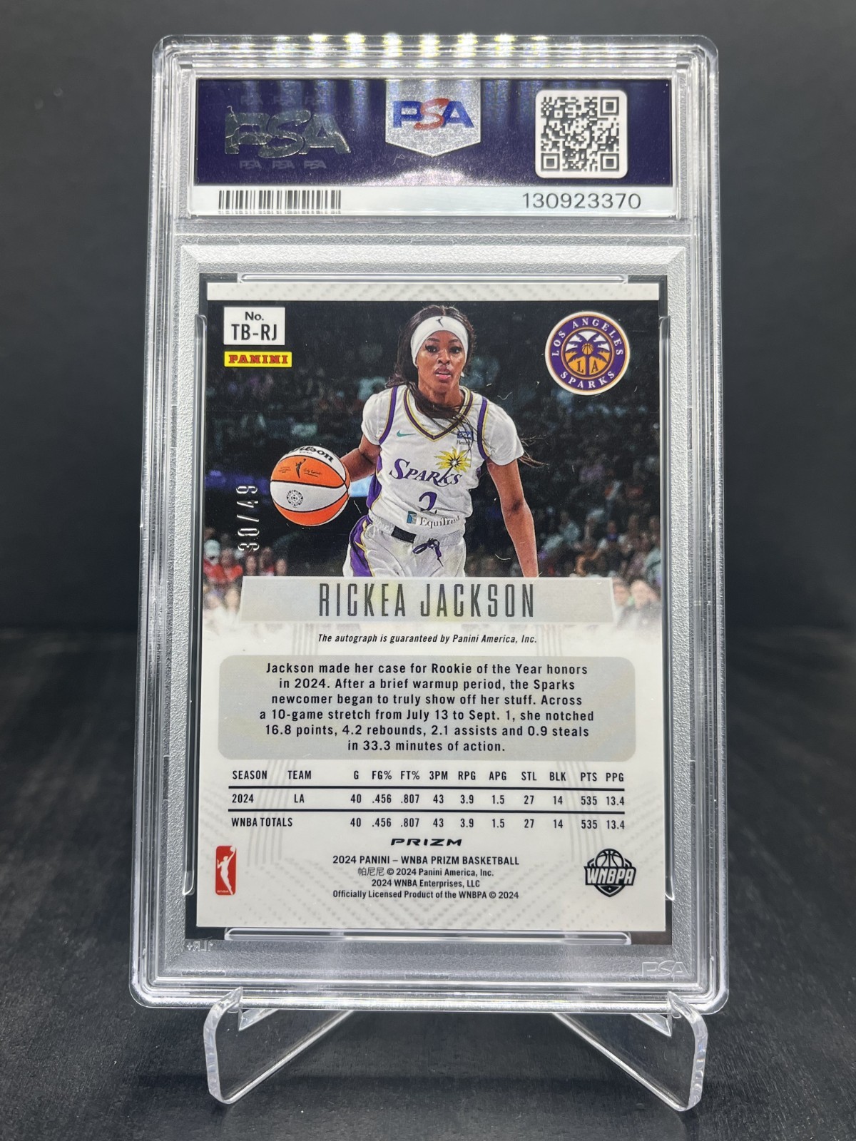 2024 Panini Prizm WNBA Rickea Jackson RC Throwback Auto Purple 30/49 PSA 9 TB-RJ view 2