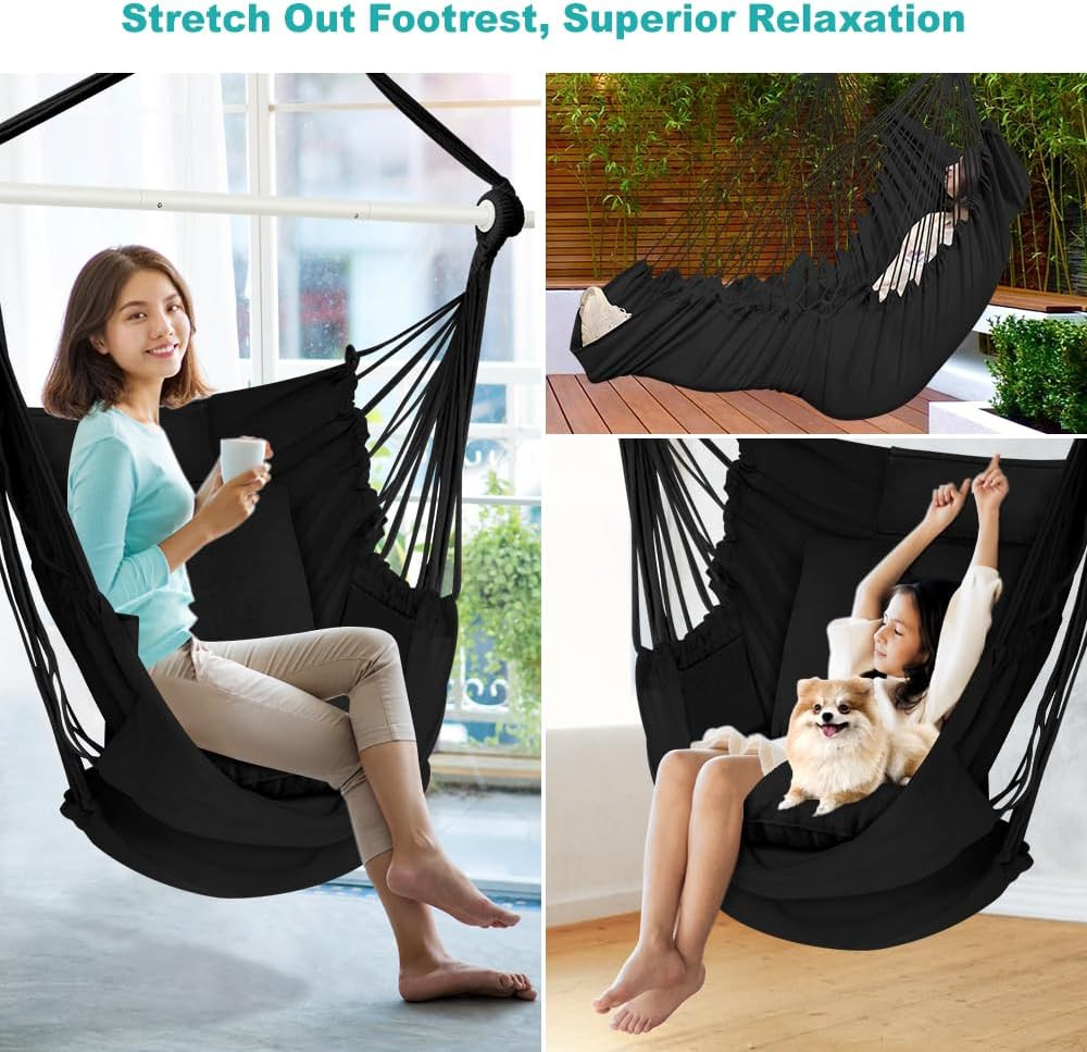 Hammock Chair, Hanging Chair with 3 Cushions and Foot Rest Support, Sturdy Metal