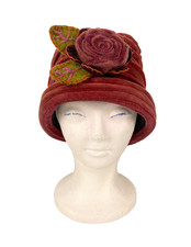 Rising Tide Cloche Hat Womens Rust Red Felted Wool Rose Embellished Beaded Nepal