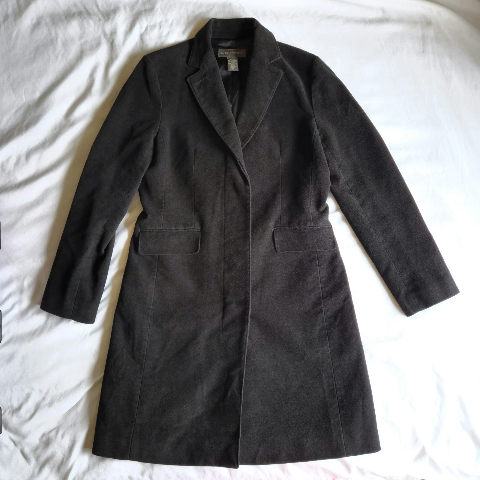 Banana Republic Velveteen Trench Coat Women's Size M Black Brushed 4-Button Up