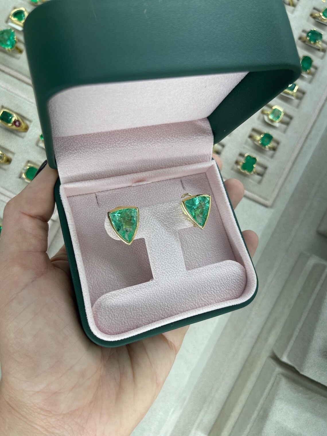 15.76tcw RARE LARGE Trillion Cut Colombian Emerald Bezel Set Omega Earrings 18K image 4