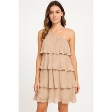 One Shoulder Pleated Tiered Mini Dress Small Beige Tan Fairy Whimsi Ethereal