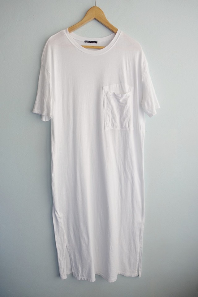 Zara T-Shirt Dress size Small 8 10 White Midi Pocket Slit Casual Coastal Cotton