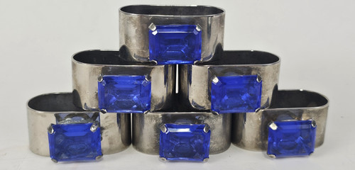 Vintage Silver Tone W/ Blue Acrylic Sapphire Faceted Jewel Napkin Rings Lot of 6