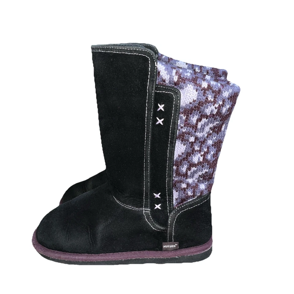 Botas infantis femininas tamanho 3 preto roxo camurça sintética meia panturrilha malha forro de pele sintética - Imagem 2 de 4