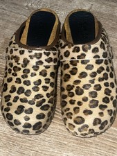 Sanita Open Back Clogs Mules Leopard Print Cow Fur Wood Heel Size 38 US 7 NWOB