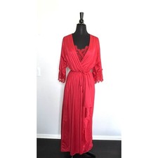 Vintage 80s Slip And Robe Set M Peignoir Nylon Coquette Lady Cameo Dallas Red