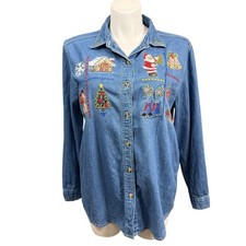 Vintage Bobbie Brooks Womens XL Blue Denim Christmas Embroidered Button Shirt