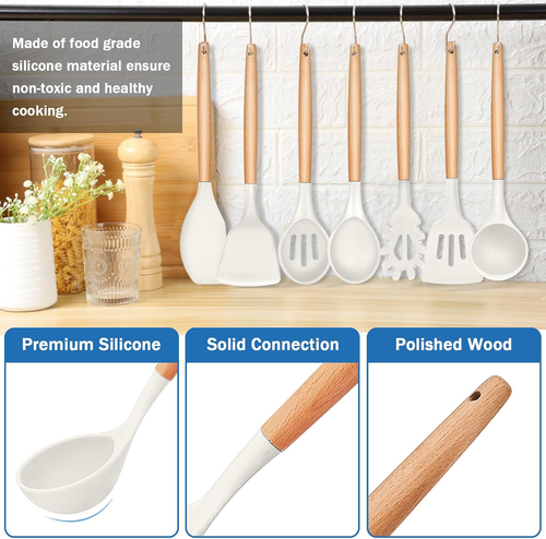 Set Di 7 Utensili Da Cucina in Silicone Bianco, Manico in Legno Resistente Al Ca - Foto 3 di 12