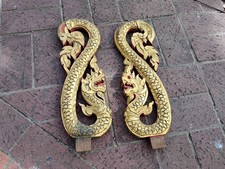 Coppia di elementi mobili traforati intaglio drago legno dorato antico cinese 15" 