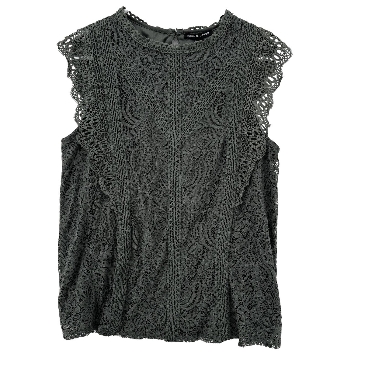 Cable & Gauge Lace Top Womens XL Gray Sleeveless Ruffle Blouse New