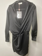 House of CB Maddie Black Satin Mini Dress XS NWT Long Sleeve Draped Wrap Party