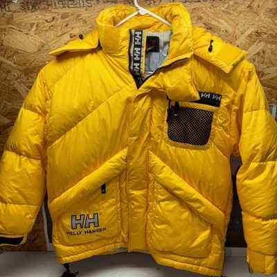 HELLY HANSEN Vintage Retro 90s Yellow Down Puffer Ski Jacket Men Size L Hooded