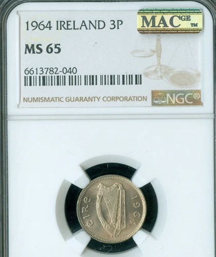 1964 IRELAND  3 PENCE NGC MS65 PQ MAC SPOTLESS  *