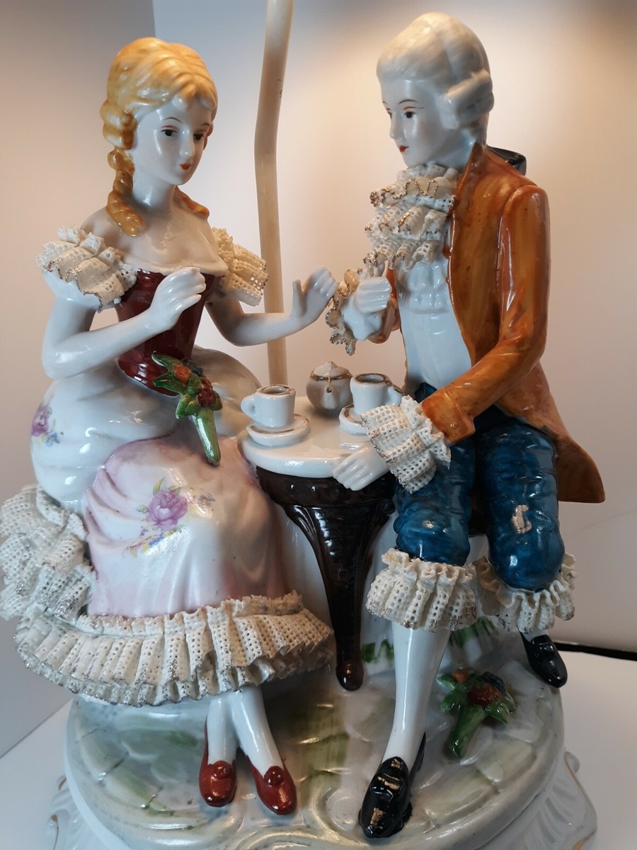 22” Pair French Porcelain Figurine Table Lamps With Porcelain