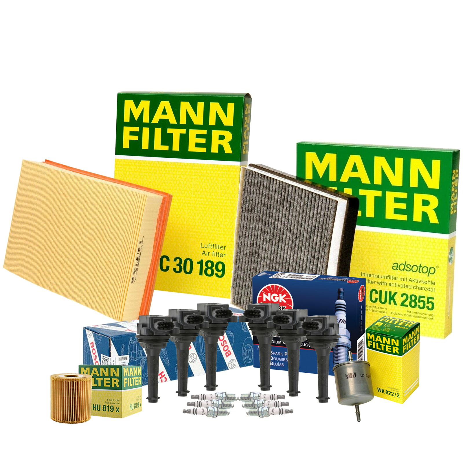 Mann Filters Bosch 6 Coils NGK 6 IridiumIX Spark Plugs TuneUp Kit For S80 L6 FWD