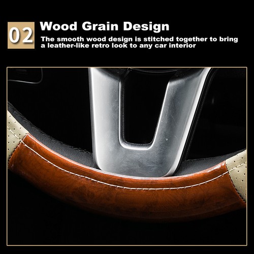 15'' Car Beige Steering Anti-slip Leather Auto Wheel Wood Grain Cover Breathable - Foto 5 di 9