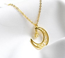 Women Girl 925 Sterling Silver CZ Gold Moon Heart Love Pendant Necklace 16-18"