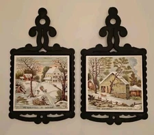 Vtg Lot 2 Trivet Tile Cast Iron Wall Candle Sconces The Old Homestead In Winter