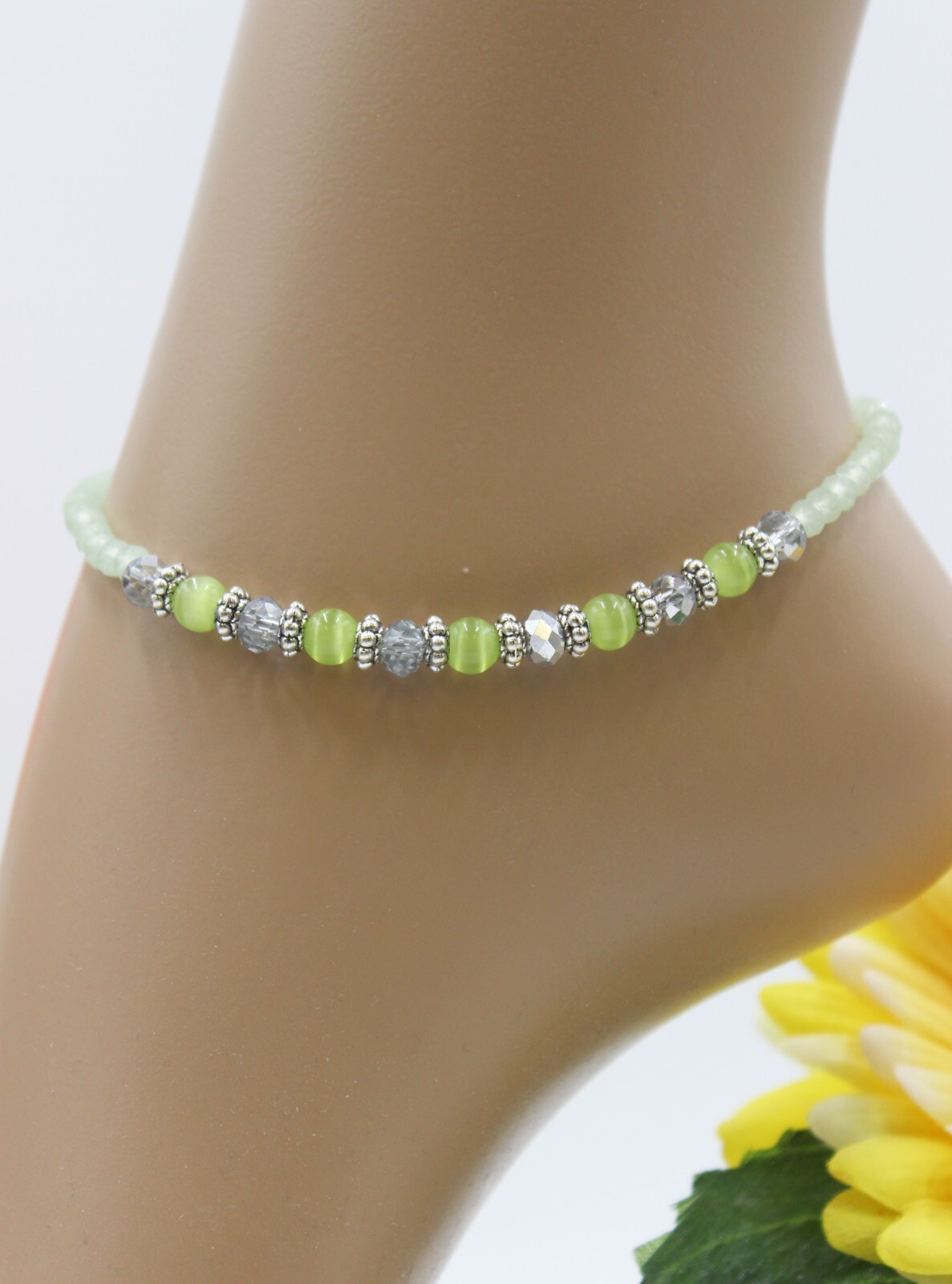 Delicate Anklet Green Pastel Cateye Beads Elegant Women Size S#J067