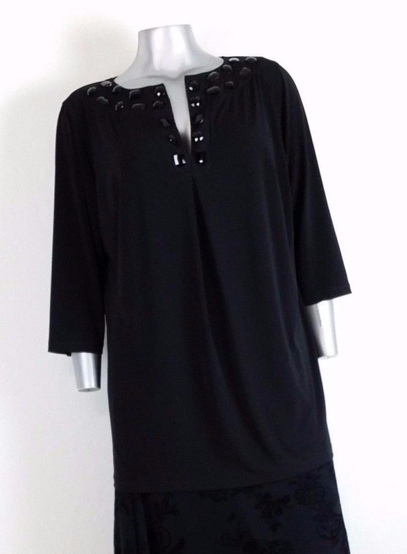 WOMEN'S CHELSEA STUDIO TOP BLOUSE TUNIC Size L Neck Embellished 3/4 Sleeve black