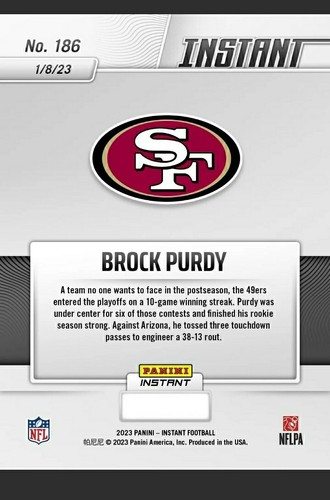 BROCK PURDY ROOKIE CARD | 2022 PANINI NFL FOOTBALL | SAN FRANCISCO 49ERS RC #186 - Picture 3 of 3