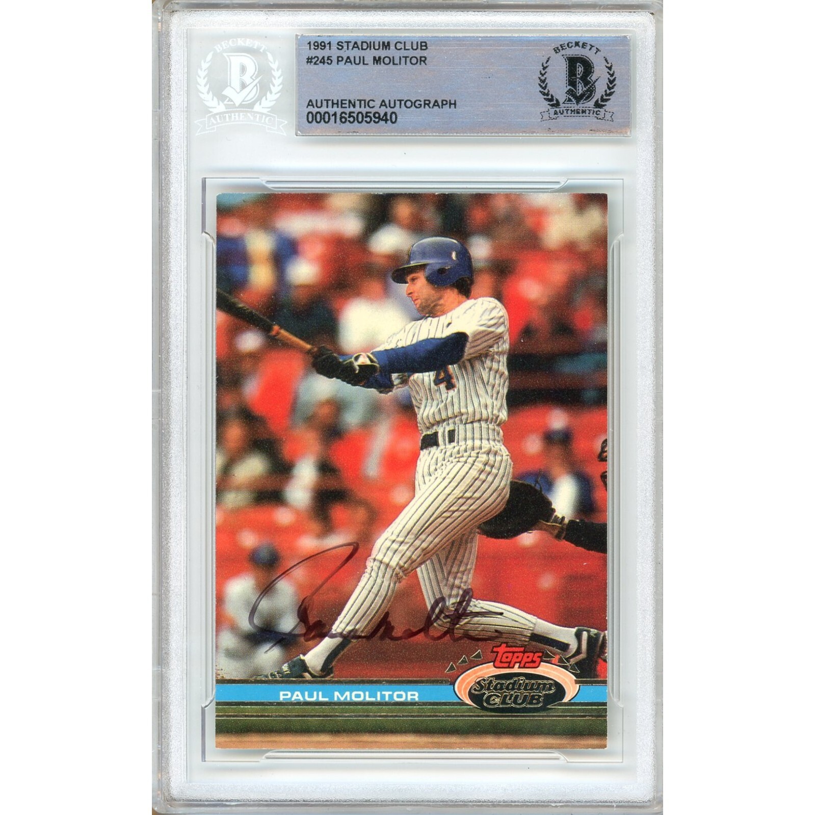 Paul Molitor Milwaukee Brewers Auto 1991 Topps Stadium Club #245 Signed BAS Slab
