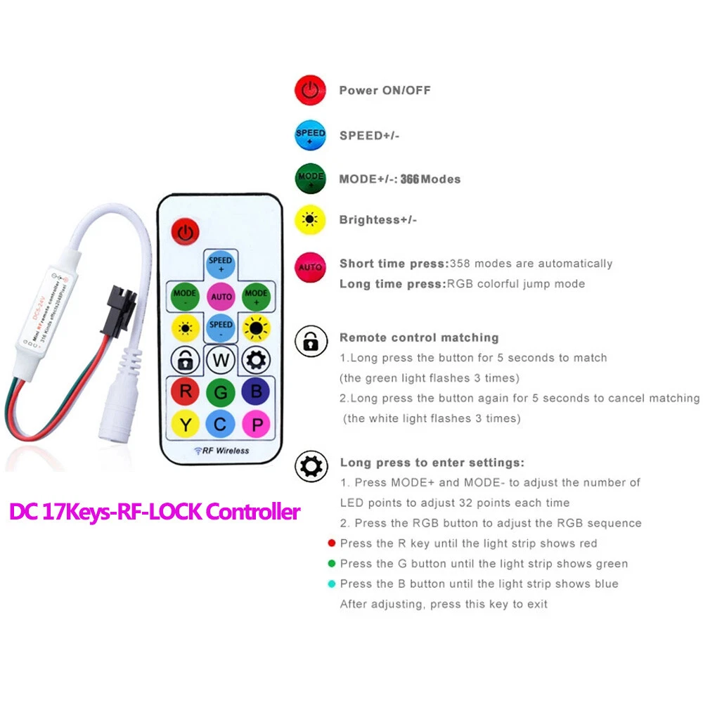 WS2811 WS2812B LED Pixels Strip Light Controller USB DC RF Remote Controller - Picture 9 of 38