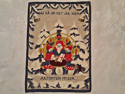 VINTAGE INGERA SIGNED CHRISTMAS DECORATION DWARFS LINEN COASTER PLACEMATE DOILY